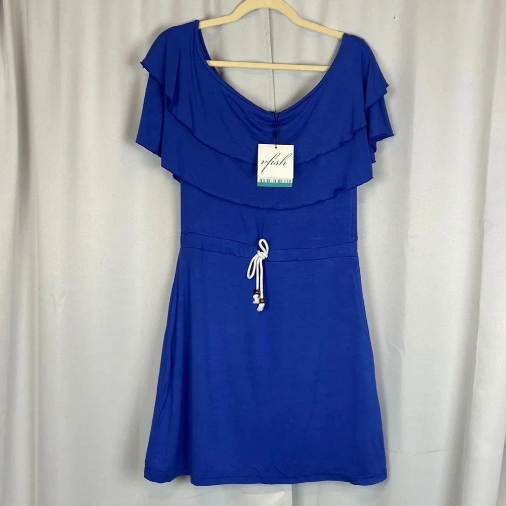 NWT VFish‎ Blue Ruffle Tie Waist Dress Size Small